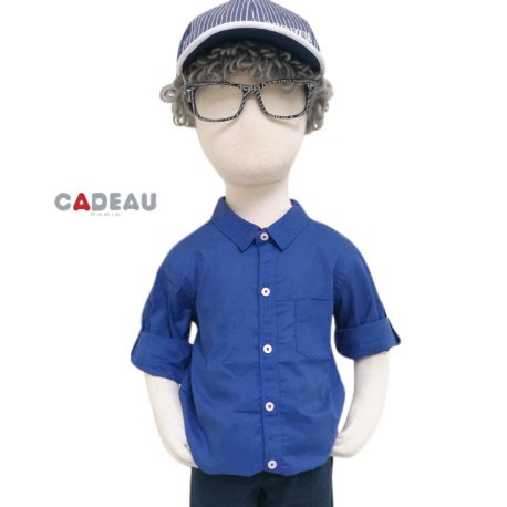 CADEAU PARIS เสื้อเชิ๊ตเด็กสีน้ำเงินแขนยาว สกรีนลายด้านหลัง อายุ 1-6 ปี