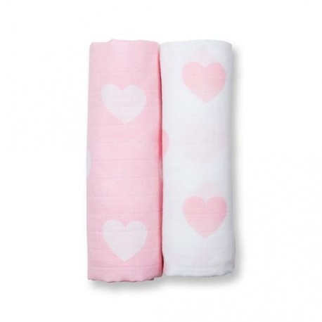 Lulujo 2 Pack Cotton Muslin Swaddles - Pink Hearts